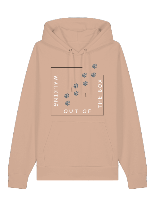 Unisex Kapuzenhoodie pfirsich mit Print: Viereck mit Hundepfoten, die aus Box laufen. Schrift: Walking out of the box