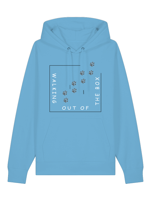 Unisex Kapuzenhoodie aque-blue mit Print: Viereck mit Hundepfoten, die aus Box laufen. Schrift: Walking out of the box