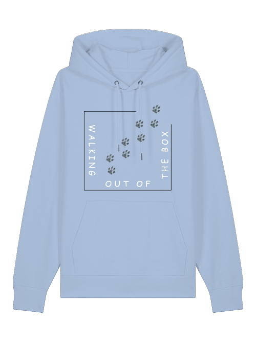 Unisex Kapuzenhoodie blue-soul mit Print: Viereck mit Hundepfoten, die aus Box laufen. Schrift: Walking out of the box