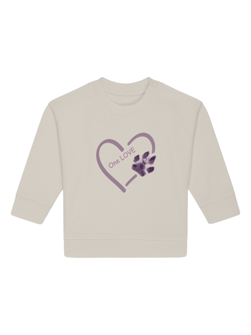 Baby Sweatshirt Bio-Baumwolle Hundepfote in Beige mit Herzmuster und One Love Aufdruck von Milkis Way