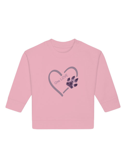 Rosa Baby Sweatshirt Bio-Baumwolle Hundepfote mit Herz und One Love Aufdruck von Milkis Way