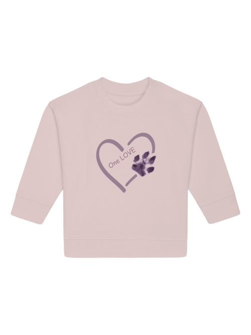 Baby Sweatshirt Bio-Baumwolle Hundepfote in Rosa mit Herzmotiv und One Love Schriftzug von Milkis Way