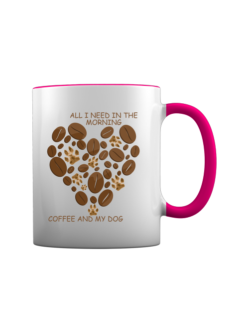 Becher für Hundefreunde mit Spruch Kaffee und Hund mit pinkem Henkel und innerer Farbe