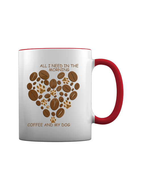 Weißer Becher für Hundefreunde mit Spruch und rotem Griff sowie Kaffeebohnen-Herzmuster
