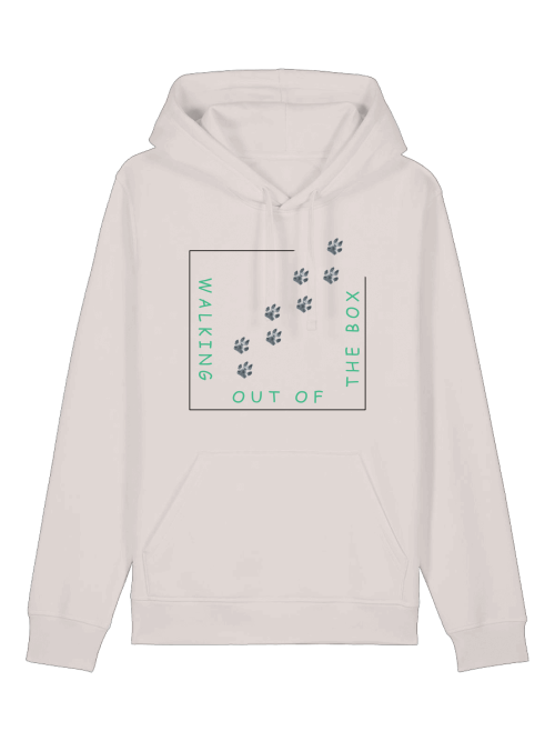 Bequemer Hundeliebhaber Hoodie für Damen und Herren in Weiß mit Pfotenabdruck und Aufschrift Walking out of the box