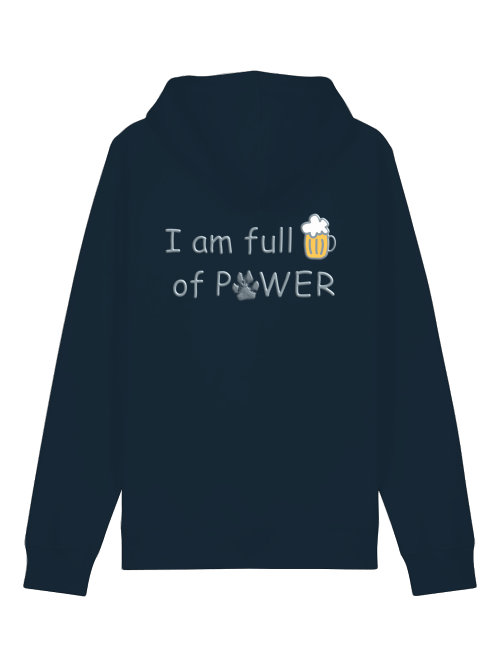Bio Baumwoll Hoodie für Hundeliebhaber in Dunkelblau mit I am full of Power Aufdruck und Pfotenmotiv
