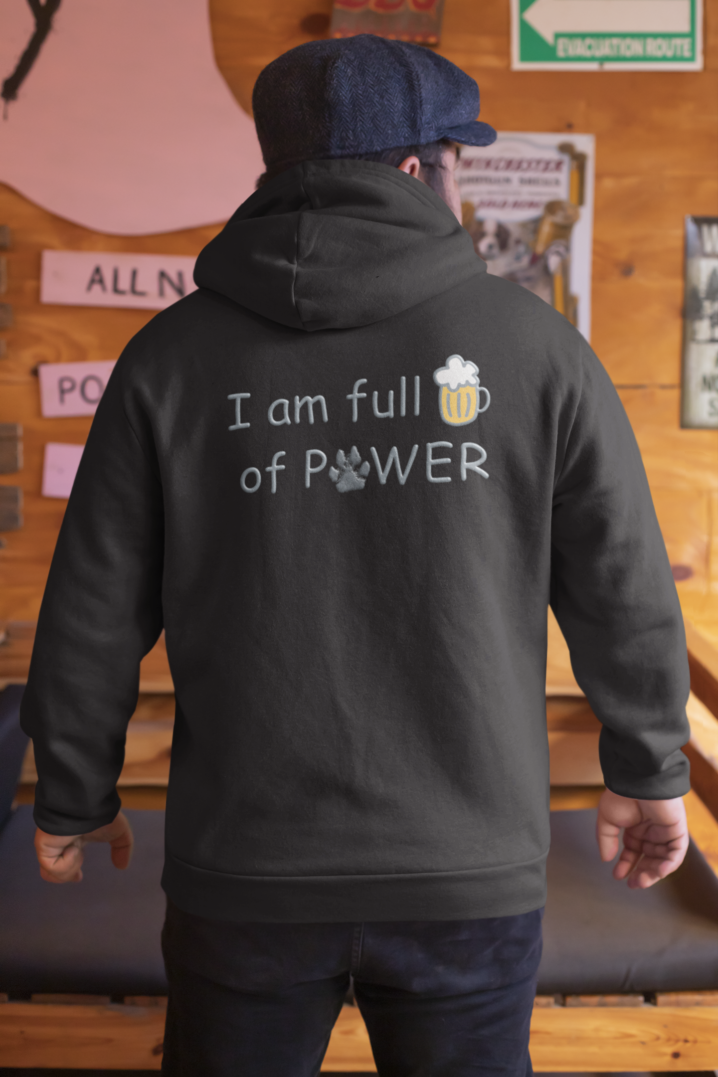 Bio Baumwoll Hoodie für Hundeliebhaber in Schwarz mit Aufdruck I am full of Power auf der Rückseite