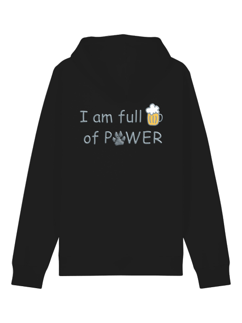 Schwarzer Bio Baumwoll Hoodie für Hundeliebhaber mit lustigem I am full of Power Design von Milkis Way