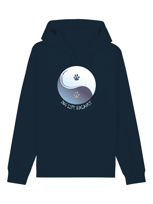 Bio Baumwolle Hoodie Hundeliebhaber in Navyblau mit Yin Yang Hundepfoten Motiv von Milkis Way