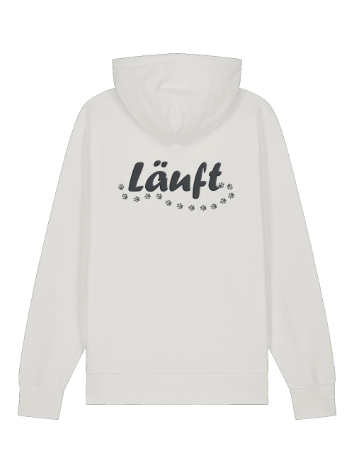 Weißer Bio Baumwolle Hoodie Hundeliebhaber mit Kapuze und Läuft Schriftzug mit Pfotenmotiv von Milkis Way