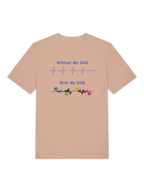 Milkis Way Bio Baumwollshirt Hundemotiv in Beige mit blauem Text und bunten Pfotenprints