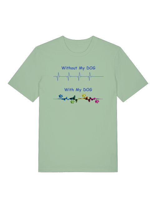 Bio Baumwollshirt Hundemotiv in grün mit blauem Herzschlag- und Pfotendesign von Milkis Way