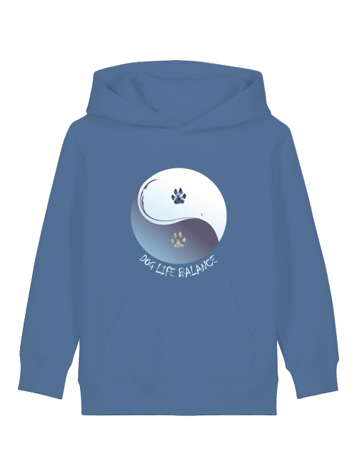 Blauer Bio Hoodie für Kinder mit Hundepfote von Milkis Way mit Ying Yang Design und Kapuze