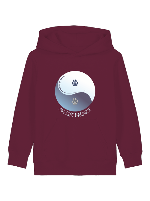 Bio Hoodie für Kinder mit Hundepfote in Bordeauxrot von Milkis Way mit Ying Yang Motiv