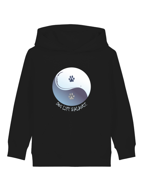 Schwarzer Bio Hoodie für Kinder mit Hundepfote von Milkis Way mit Yin Yang Design