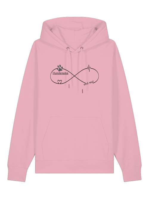 Rosa Bio Hoodie Geschenk für Hundefreunde von Milkis Way mit Unendlichkeitssymbol und Pfotenmotiv