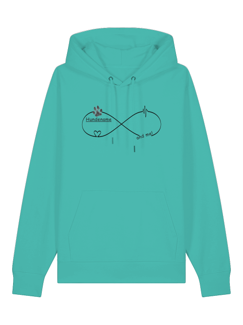 Milkis Way Bio Hoodie Geschenk für Hundefreunde in Türkis mit unendlich Zeichen und Hundemotiv