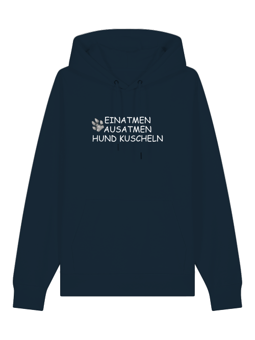 Milkis Way Bio Hoodie Hund kuscheln in Dunkelblau mit Aufschrift Einatmen Ausatmen Hund Kuscheln