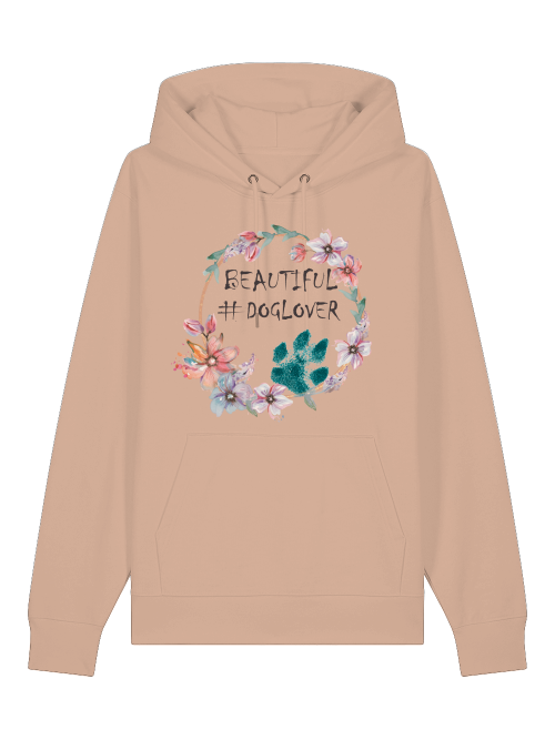 Bio Hoodie mit Hundemotiv kaufen bei Milkis Way in Beige mit floralem Pfotenprint und Kapuze