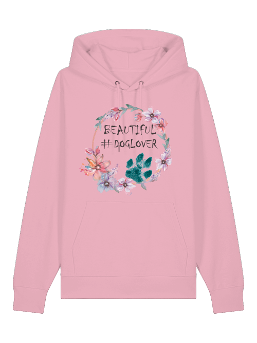 Bio Hoodie mit Hundemotiv kaufen rosa Damen Hoodie mit Hundepfoten und Blumenmotiv von Milkis Way