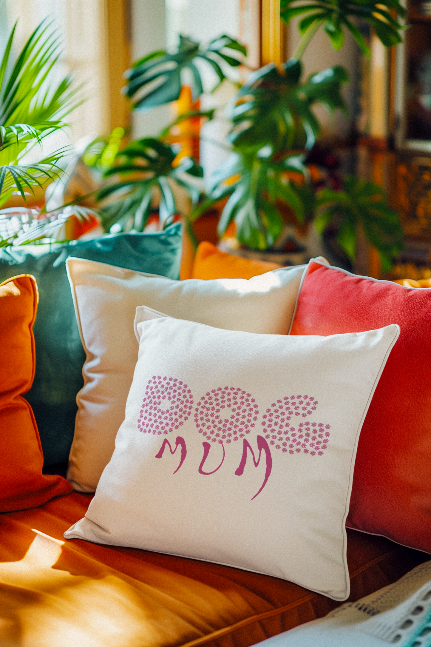 Dog Mum Kissen weiß von Milki´s Way auf buntem Sofa mit grünen Zimmerpflanzen im Hintergrund
