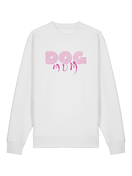 Weißes Dog Mum Sweatshirt Bio-Baumwolle von Milkis Way mit pinkem Schriftzug vorne