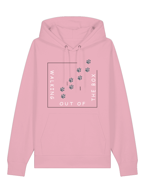 Unisex Kapuzenhoodie cotton pink mit Print: Viereck mit Hundepfoten, die aus Box laufen. Schrift: Walking out of the box