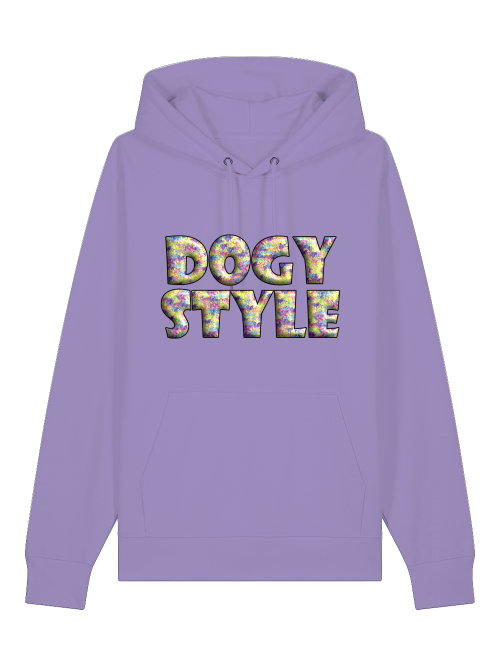 Milkis Way farbenfroher Hundepfoten Hoodie in Lila mit buntem Doggy Style Aufdruck