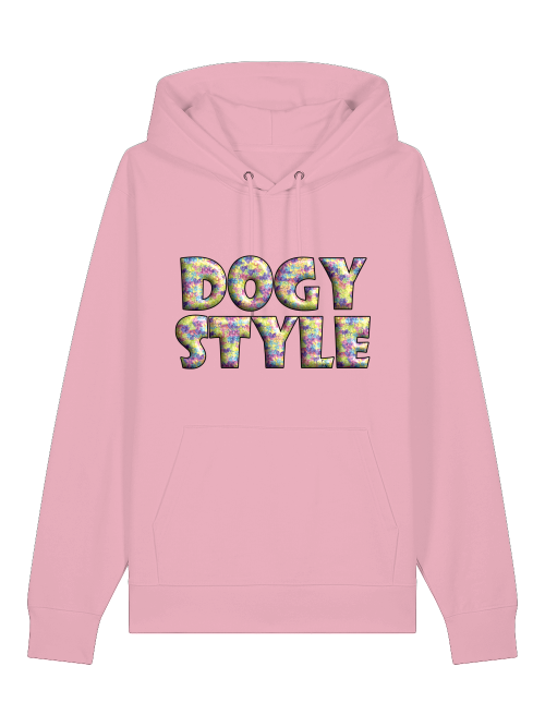 Farbenfroher Hundepfoten Hoodie von Milkis Way in Rosa mit großem DOGY STYLE Schriftzug