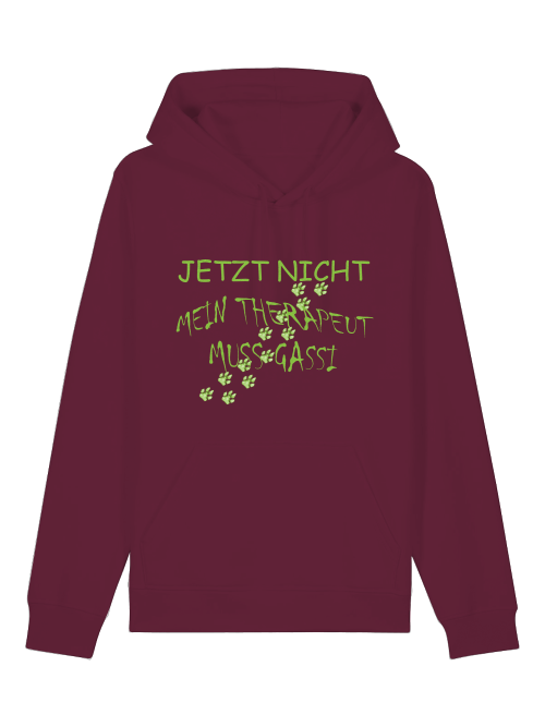 Hoodie aus Bio-Baumwolle mit Hundepfote in Dunkelrot mit grünem Aufdruck Jetzt nicht mein Therapeut muss Gassi
