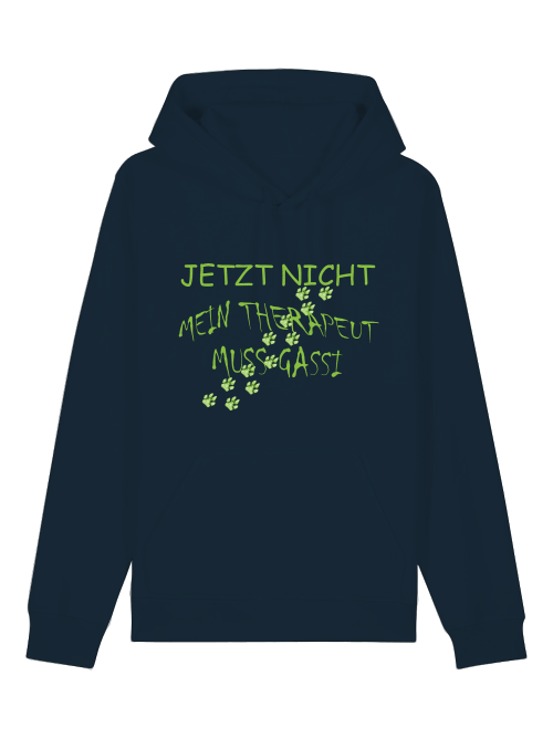 Dunkelblauer Hoodie aus Bio-Baumwolle mit Hundepfote und grünem Aufdruck Jetzt nicht mein Therapeut muss Gassi