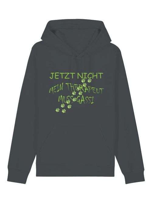 Hoodie aus Bio-Baumwolle mit Hundepfote und grünem Aufdruck jetzt nicht mein Therapeut muss Gassi