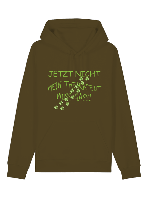 Hoodie aus Bio-Baumwolle mit Hundepfote in braun mit grünem Schriftzug und Pfotenmotiv von Milkis Way