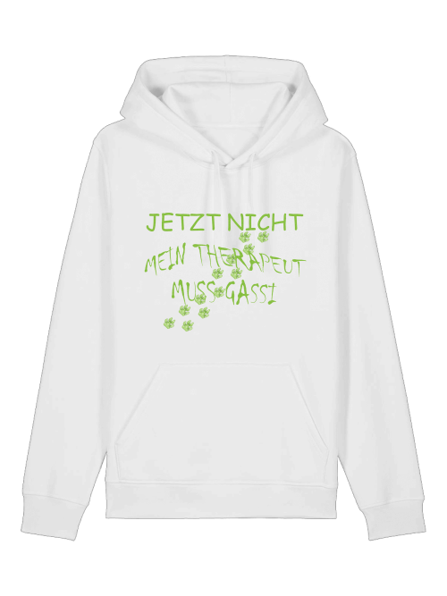 Weißer Hoodie aus Bio-Baumwolle mit Hundepfote und grünem Aufdruck Jetzt nicht mein Therapeut muss Gassi