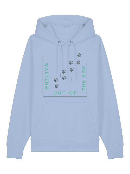 Hellblauer Hoodie mit Hundepfoten Print und grünem Schriftzug Walking out of the box von Milkis Way