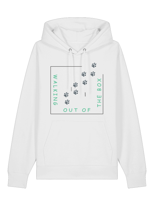 Weißer Hoodie mit Hundepfoten Print und grünem Walking out of the box Schriftzug von Milkis Way