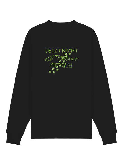 Schwarzes Hund Sweatshirt Bio Baumwolle von Milkis Way mit grünem Textmotiv und Pfotenabdrücken