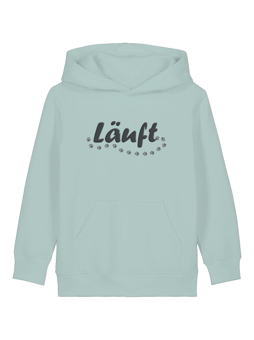 Kinder Hoodie mit Hundepfoten von Milkis Way in Hellblau mit Lauf-Schriftzug und Pfotenprint