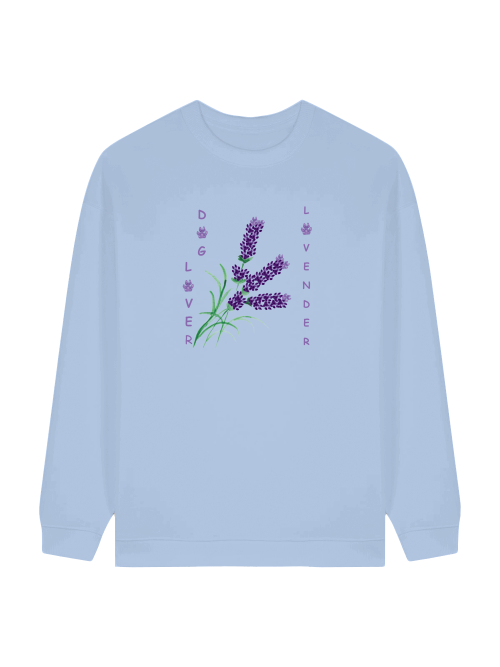 Milkis Way lavendel sweatshirt mit hundepfotenprint und Lavendelblumen in lila auf hellblauem Stoff