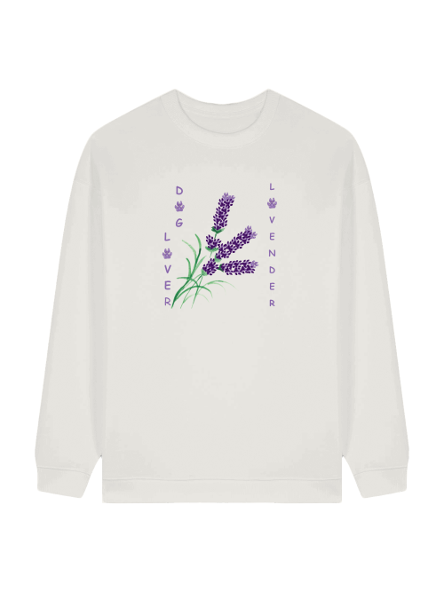 Milkis Way lavendel sweatshirt mit hundepfotenprint mit Lavendelblüten und Pfotenmotiv auf weißem Sweatshirt