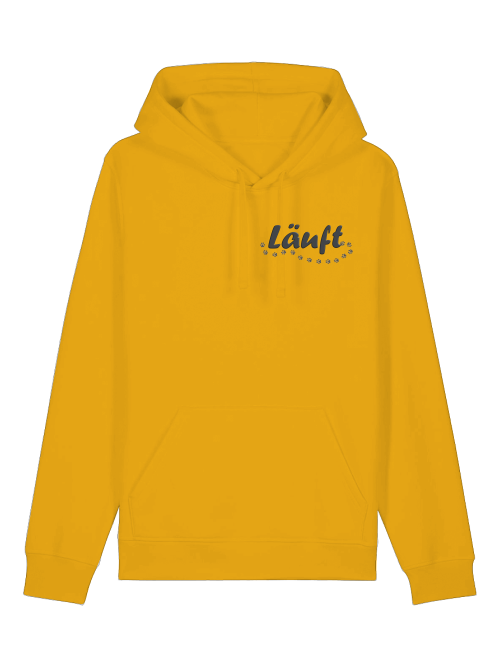 Gelber nachhaltiger Hoodie für Hundefreunde von Milkis Way mit Aufdruck Läuft vorne links