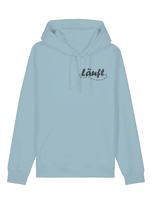 Hellblauer nachhaltiger Hoodie für Hundefreunde mit Aufdruck Läuft von Milkis Way