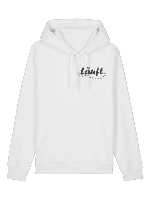 Weißer nachhaltiger Hoodie für Hundefreunde mit Kapuze und Schriftzug Läuft von Milkis Way