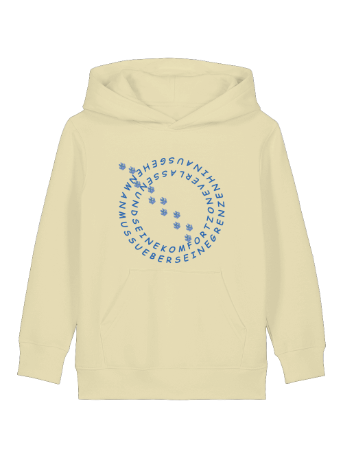 Nachhaltiger Hoodie für Kinder mit Hundemotiv in Beige mit blauen Pfotenabdrücken und Schriftzug