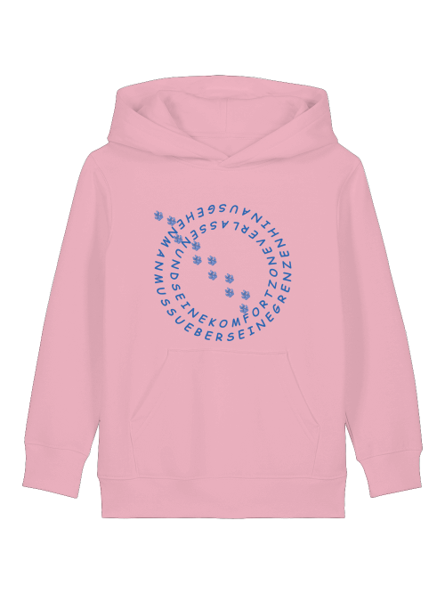 Nachhaltiger Hoodie für Kinder mit Hundemotiv in Rosa mit blauem Pfoten-Design von Milkis Way