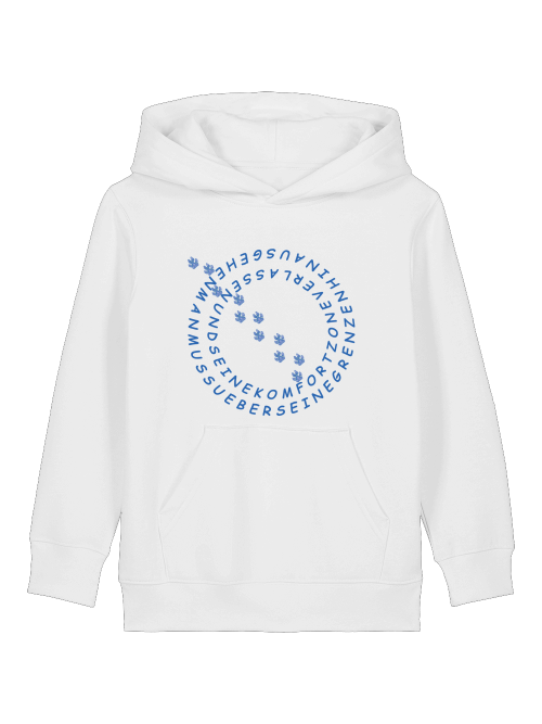 Weißer nachhaltiger Hoodie für Kinder mit Hundemotiv und blauer Schrift von Milkis Way