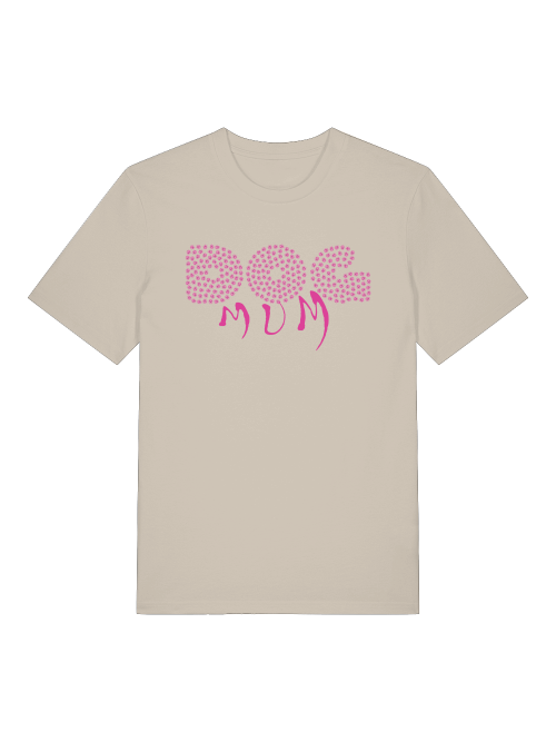 Beiges T-Shirt von Milkis Way mit pinkem Dog Mum Aufdruck als nachhaltiges Geschenk für Hundemama