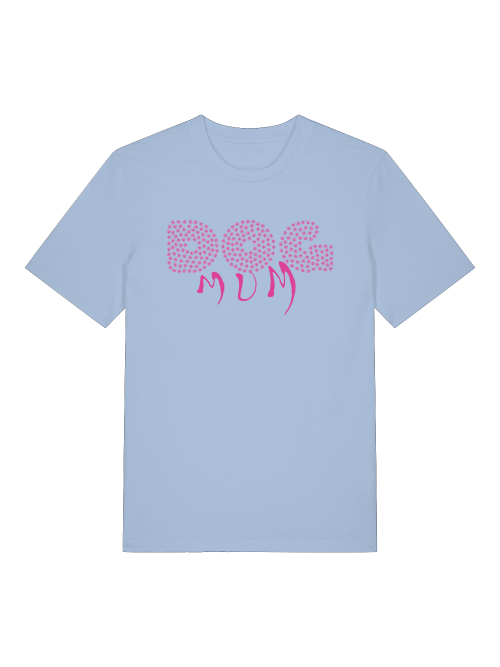 Hellblaues T-Shirt von Milkis Way mit pinkem Dog Mum Design als nachhaltiges Geschenk für Hundemama