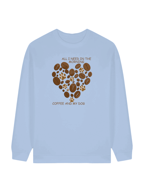Oversize Damen Sweatshirt Hundemotiv in Hellblau mit Kaffee-Bohnen Herzprint von Milkis Way