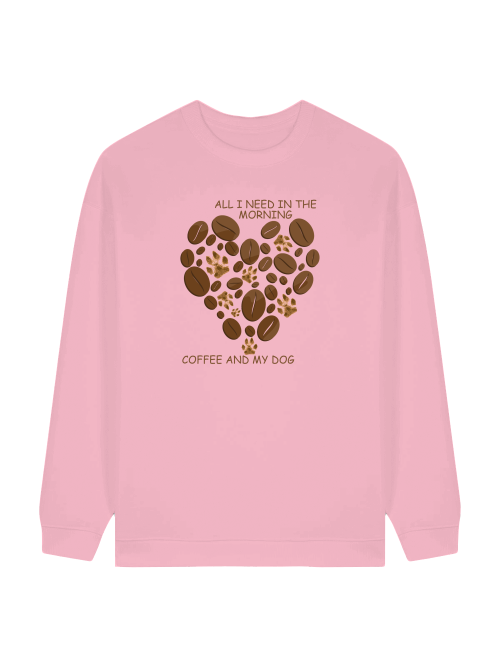 Oversize Damen Sweatshirt Hundemotiv in Rosa mit Kaffeebohnen Herzdesign von Milkis Way